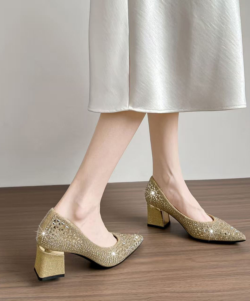 Champagne Sparkly High Heels Chunky Faux Leather Hollow Out High Heels