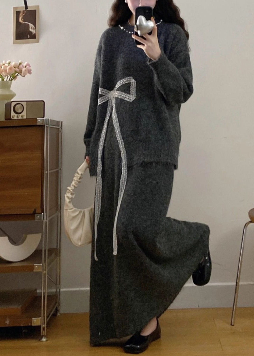 Charcoal Grey Knit Two Piece Set Clothing Oversized Bow Print Winter