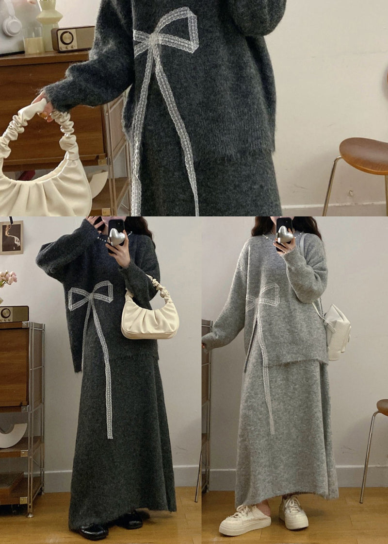 Charcoal Grey Knit Two Piece Set Clothing Oversized Bow Print Winter