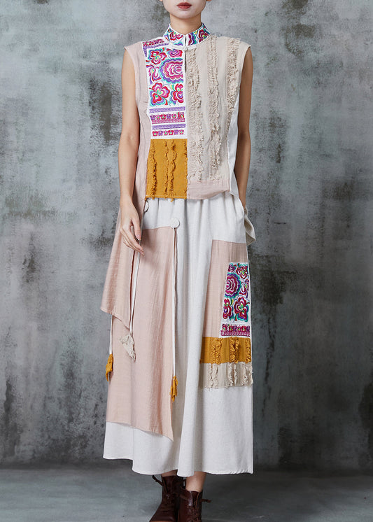 Apricot Asymmetrical Patchwork Linen Two Piece Set Outfits Summer