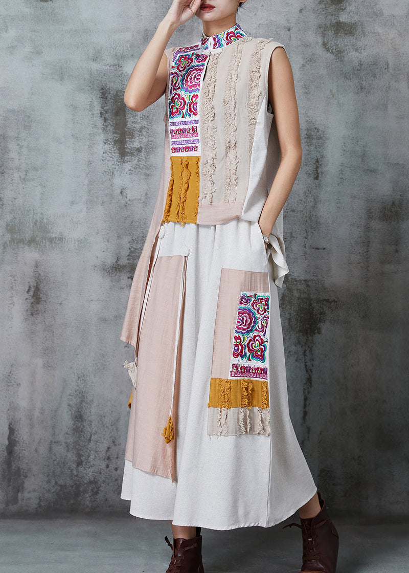 Apricot Asymmetrical Patchwork Linen Two Piece Set Outfits Summer