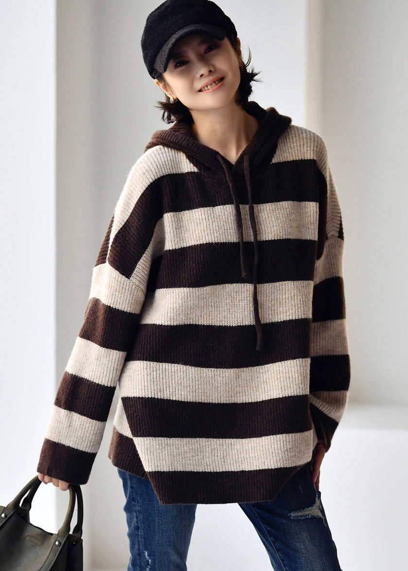 Apricot Coffee Colour Striped Patchwork Drawstring Cotton Knit Hooded Sweaters Fall