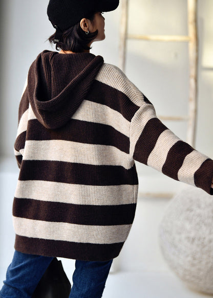 Apricot Coffee Colour Striped Patchwork Drawstring Cotton Knit Hooded Sweaters Fall
