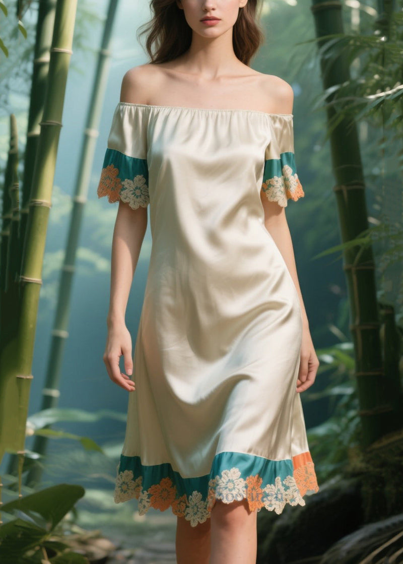 Apricot Cold Shoulder Patchwork Silk Strapless Dress Summer