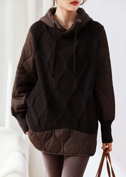 Apricot Drawstring Patchwork Low High Design Fake Two Pieces Hooded Knit Sweater Winter