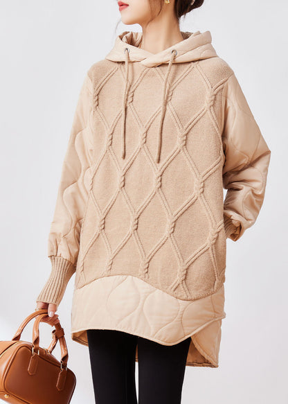 Apricot Drawstring Patchwork Low High Design Fake Two Pieces Hooded Knit Sweater Winter