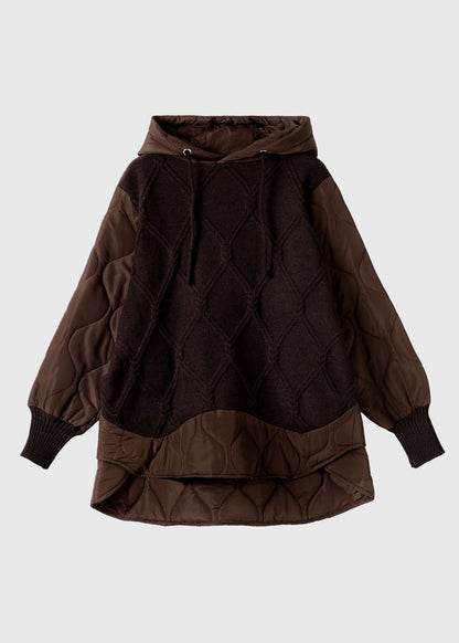 Apricot Drawstring Patchwork Low High Design Fake Two Pieces Hooded Knit Sweater Winter