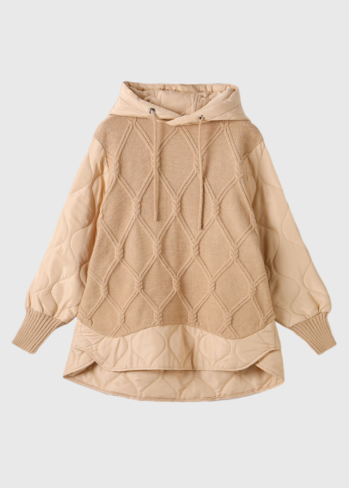 Apricot Drawstring Patchwork Low High Design Fake Two Pieces Hooded Knit Sweater Winter