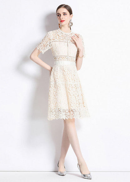 Apricot Embroideried Hollow Out Patchwork Lace Mid Dress Summer