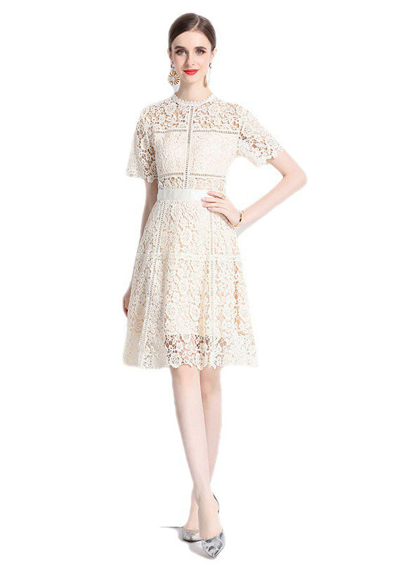 Apricot Embroideried Hollow Out Patchwork Lace Mid Dress Summer