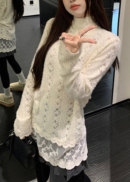 Apricot Hign Neck Lace Patchwork Knit Sweater Winter
