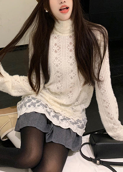Apricot Hign Neck Lace Patchwork Knit Sweater Winter