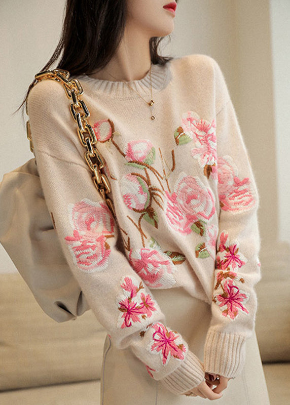 Apricot O-neck Embroidered Patchwork Woolen Top Fall