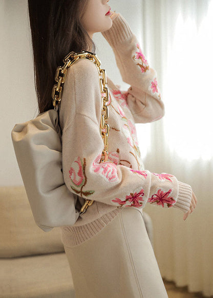 Apricot O-neck Embroidered Patchwork Woolen Top Fall