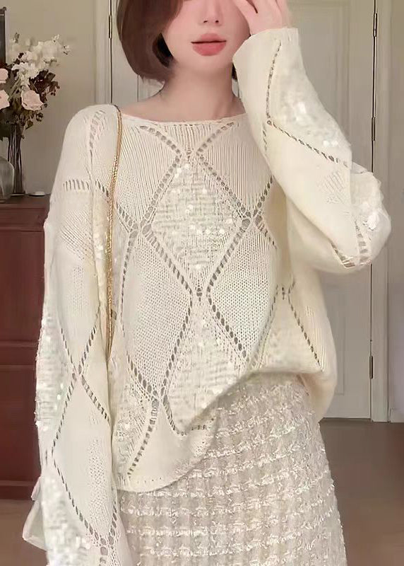 Apricot O Neck Hollow Out Sequins Knit Sweater Fall