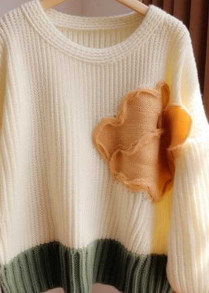 Apricot O Neck Patchwork Knit Sweater Fall