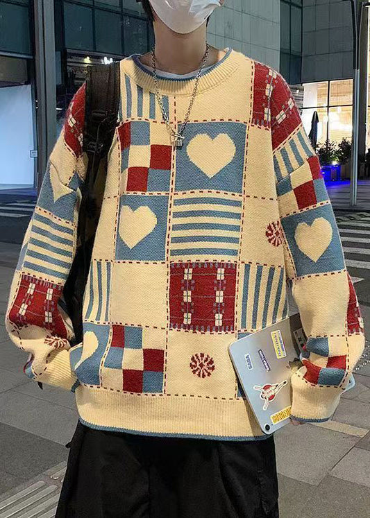 Apricot O Neck Plaid Knit Sweaters Winter