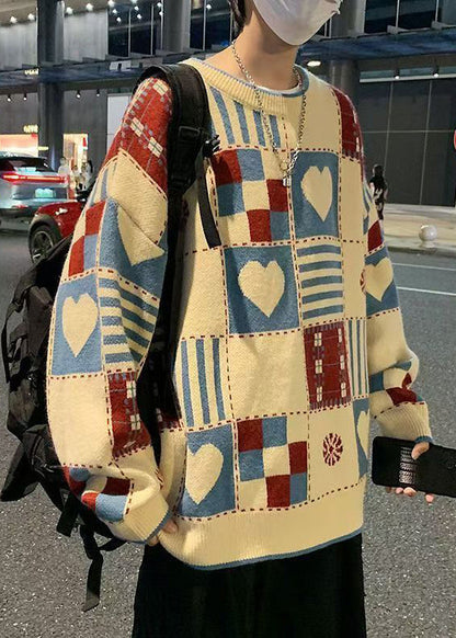 Apricot O Neck Plaid Knit Sweaters Winter
