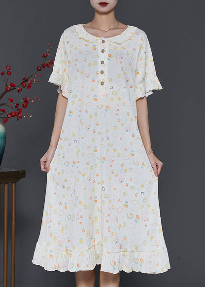 Apricot O-neck Print Cotton Robe Dresses Summer