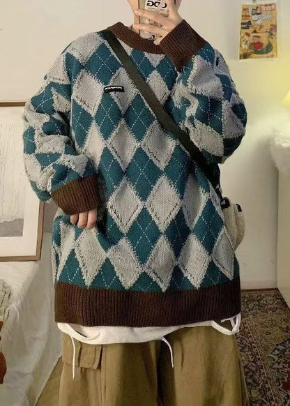 Apricot Plaid Thick Patchwork Knit Sweaters Winter