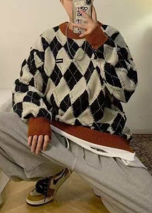 Apricot Plaid Thick Patchwork Knit Sweaters Winter