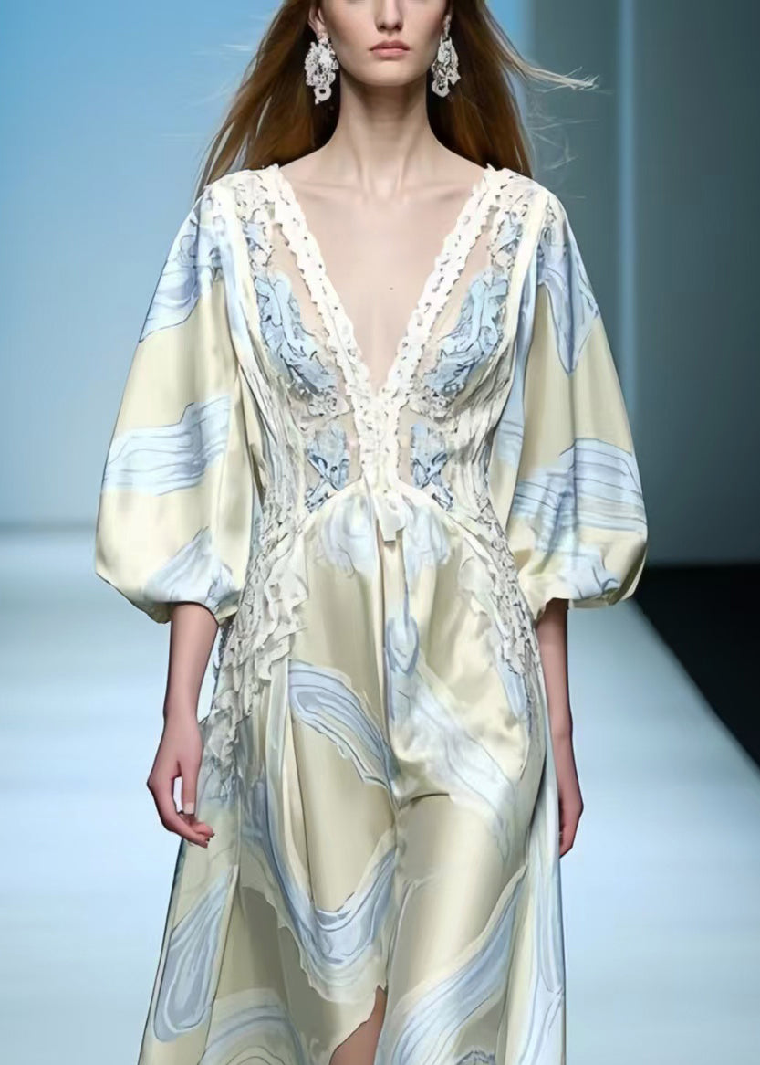 Apricot Print Draping Silk Maxi Dresses Lantern Sleeve