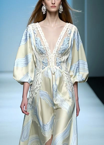 Apricot Print Draping Silk Maxi Dresses Lantern Sleeve