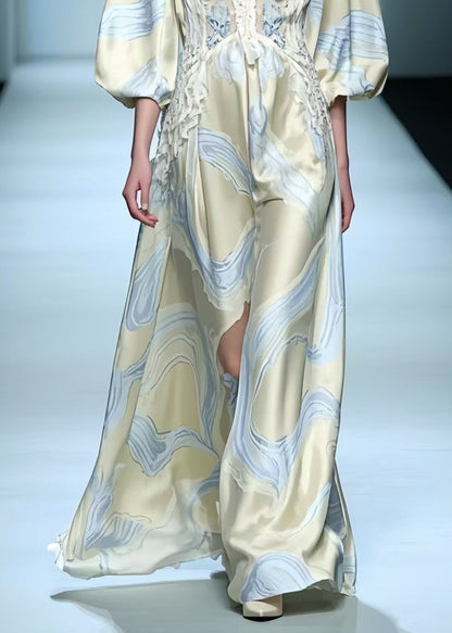 Apricot Print Draping Silk Maxi Dresses Lantern Sleeve