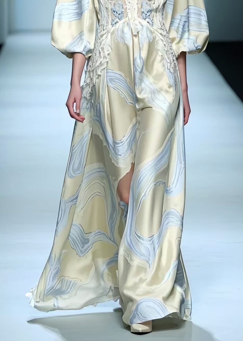 Apricot Print Draping Silk Maxi Dresses Lantern Sleeve