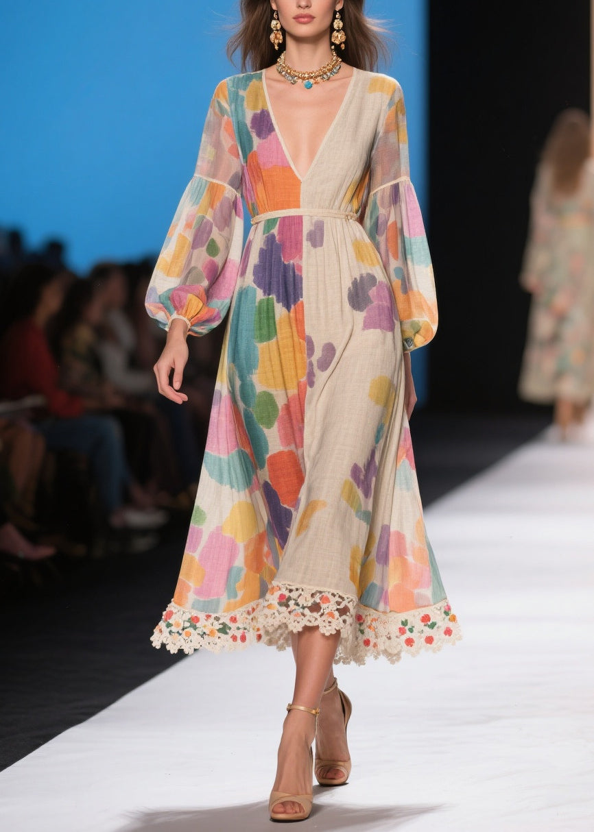 Apricot Print Patchwork Lace Holiday Dress Lantern Sleeve