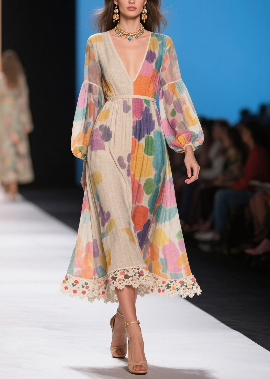 Apricot Print Patchwork Lace Holiday Dress Lantern Sleeve