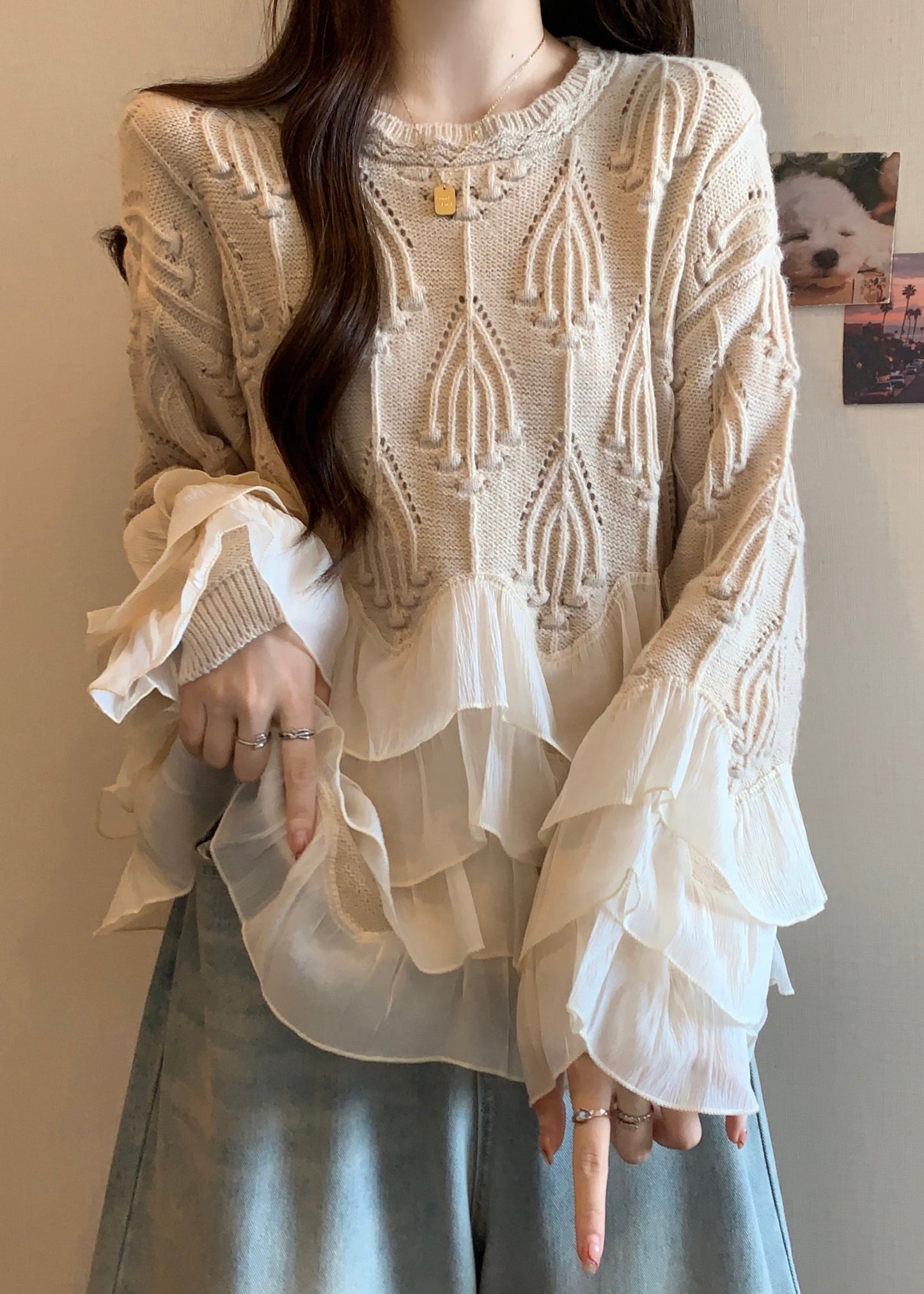 Apricot Ruffled Patchwork Knit Sweater Tops Spring