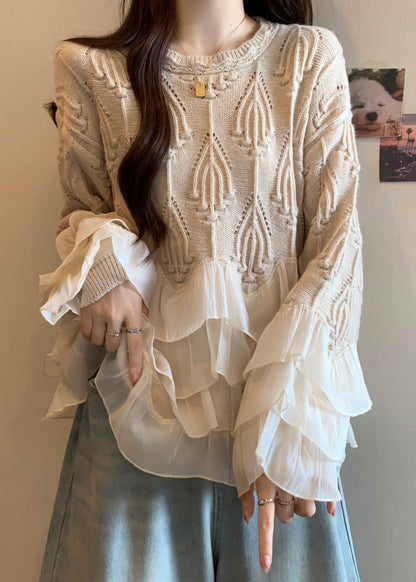 Apricot Ruffled Patchwork Knit Sweater Tops Spring