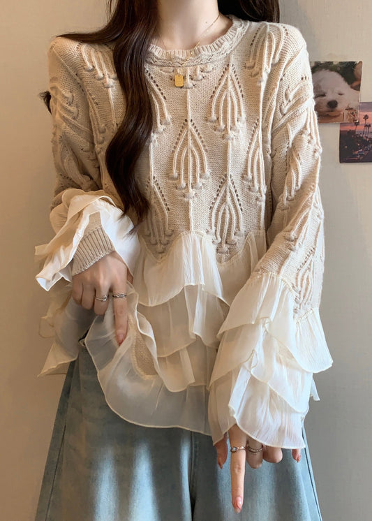 Apricot Ruffled Patchwork Knit Sweater Tops Spring