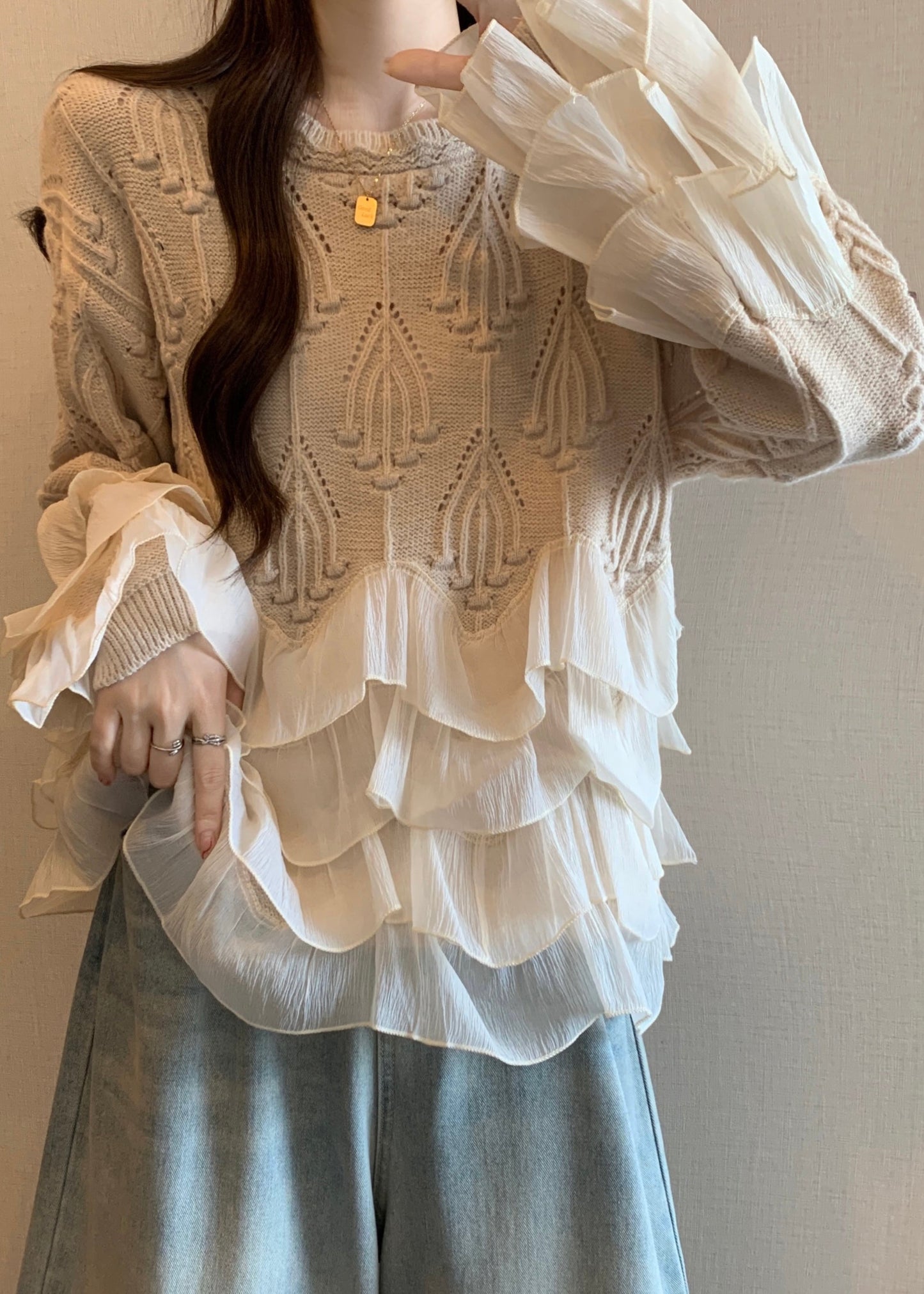 Apricot Ruffled Patchwork Knit Sweater Tops Spring