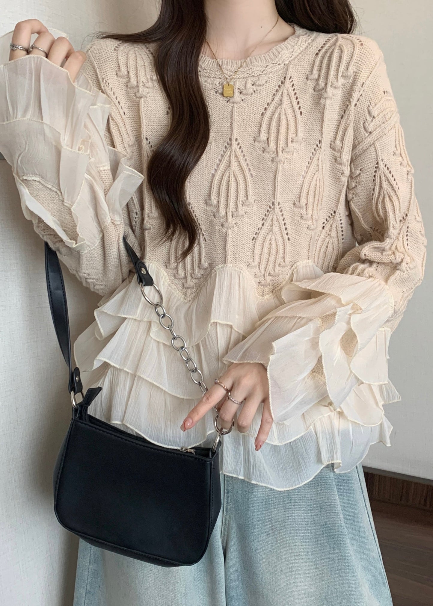 Apricot Ruffled Patchwork Knit Sweater Tops Spring