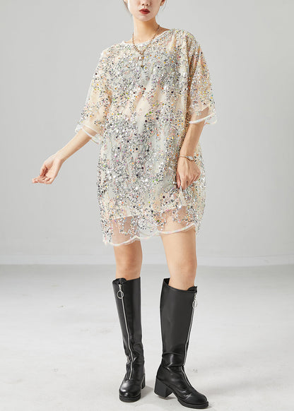 Apricot Sequins Nail Bead Chiffon Vacation Dress Summer
