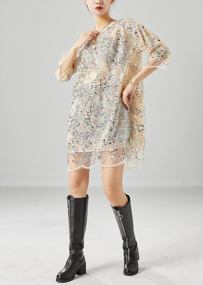 Apricot Sequins Nail Bead Chiffon Vacation Dress Summer