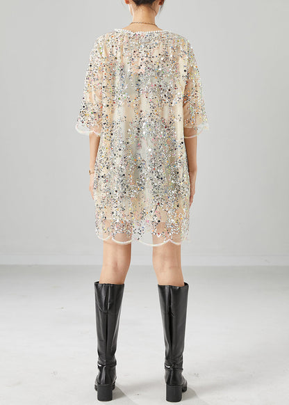 Apricot Sequins Nail Bead Chiffon Vacation Dress Summer