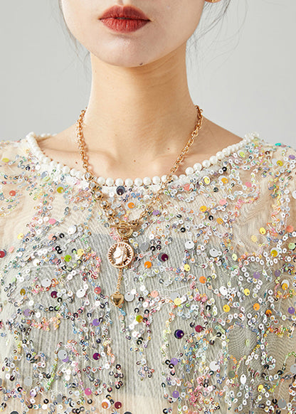 Apricot Sequins Nail Bead Chiffon Vacation Dress Summer