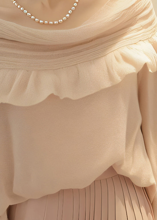 Apricot Slash Neck Ruffled Patchwork Knit Sweaters Spring