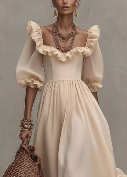 Apricot Square Collar Wrinkled Long Dress Half Sleeve