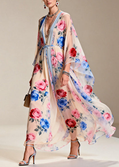 Apricot Tie Waist Print Chiffon Party Dress Summer