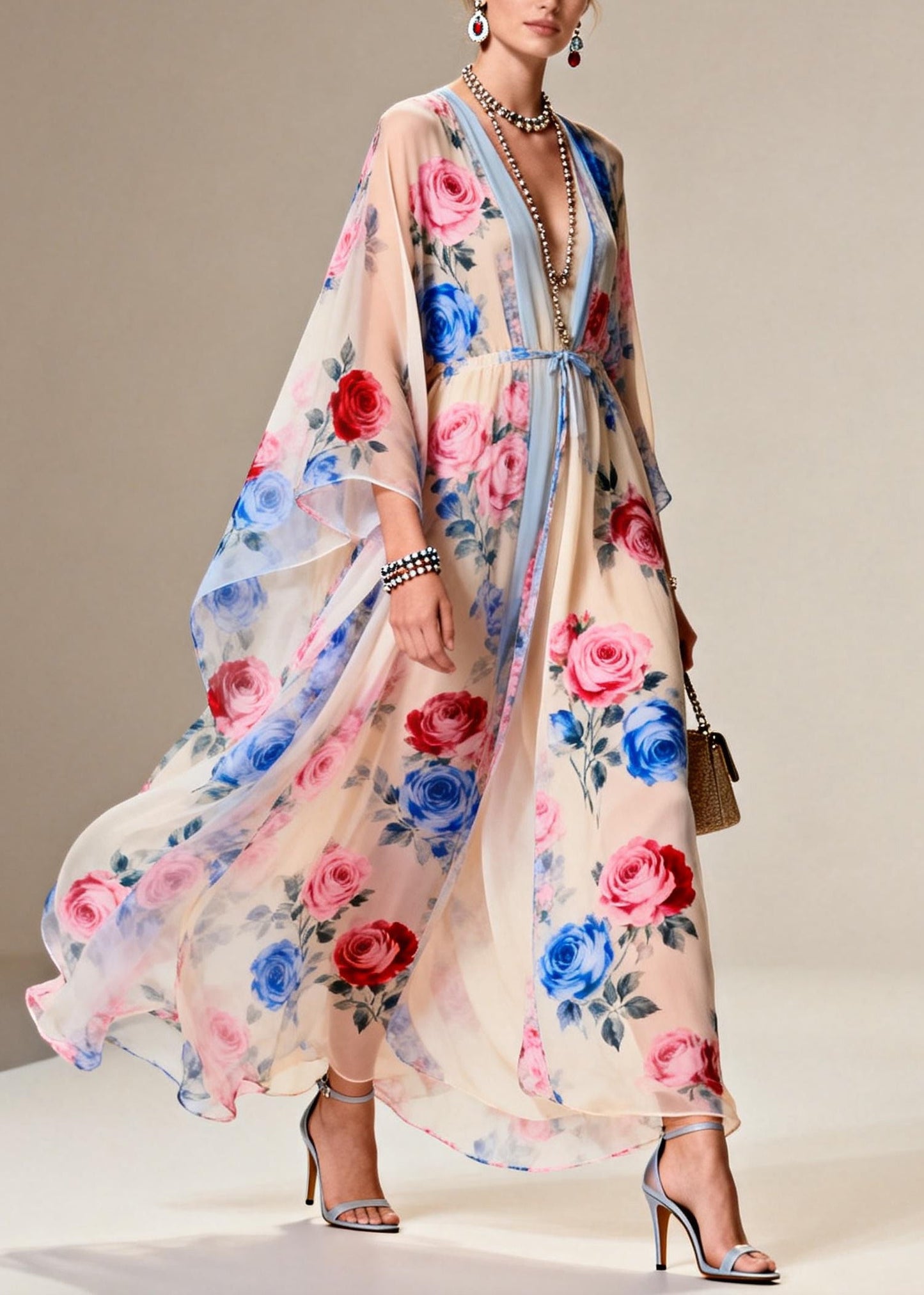 Apricot Tie Waist Print Chiffon Party Dress Summer