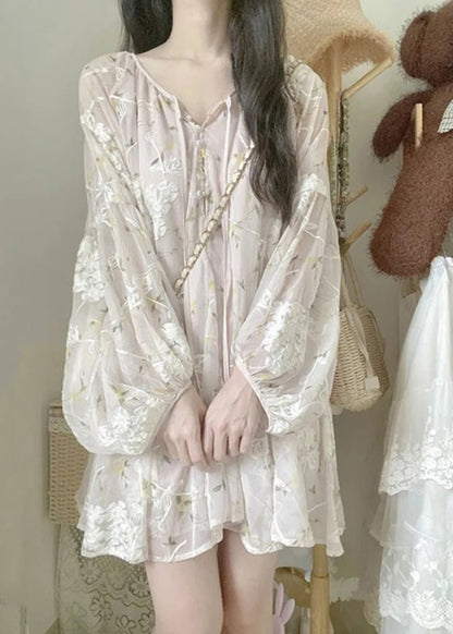 Apricot V Neck Embroidered Silk Mid Dress Lantern Sleeve