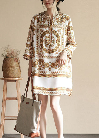 Apricot V Neck Print Patchwork Silk Dresses Summer