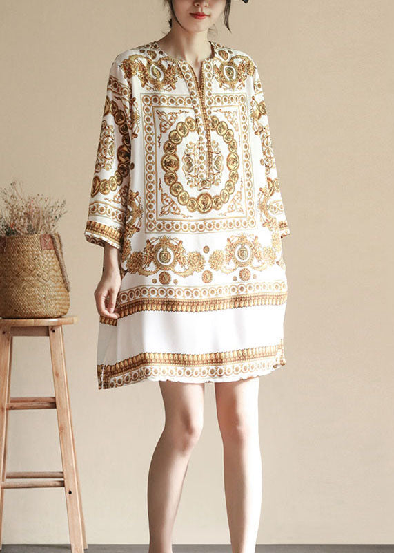 Apricot V Neck Print Patchwork Silk Dresses Summer