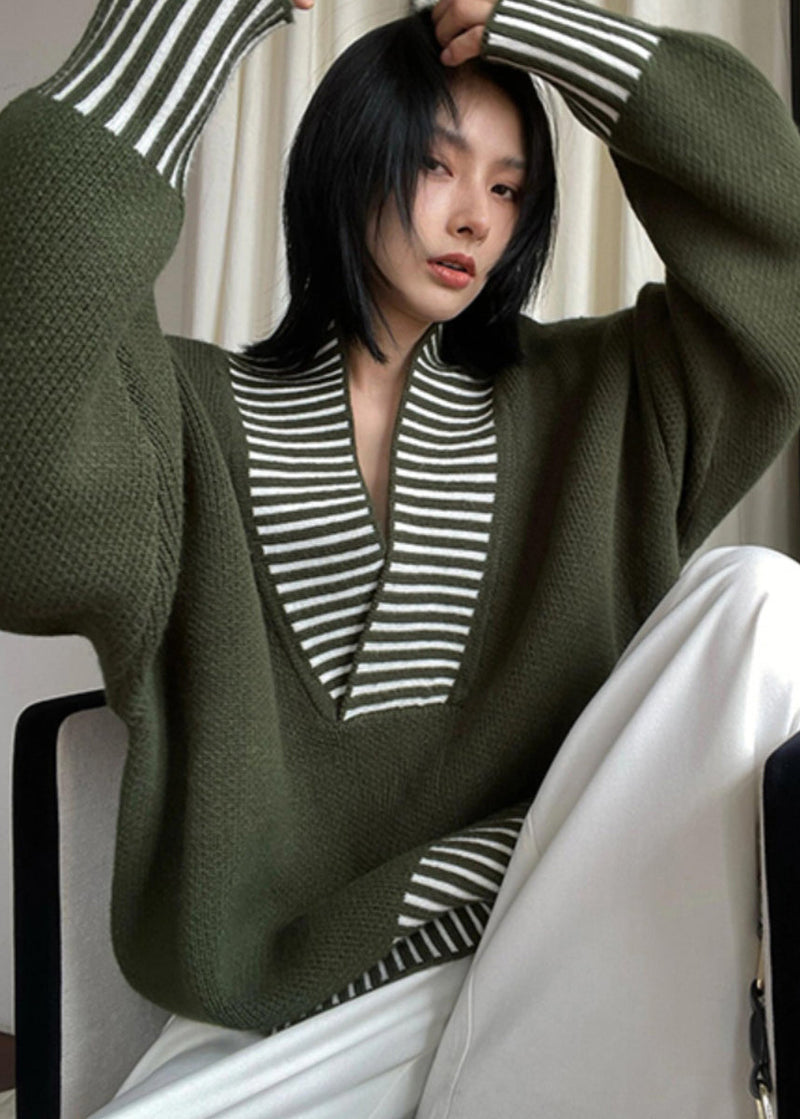 Army Green V Neck Striped Patchwork Knit Sweater Spring