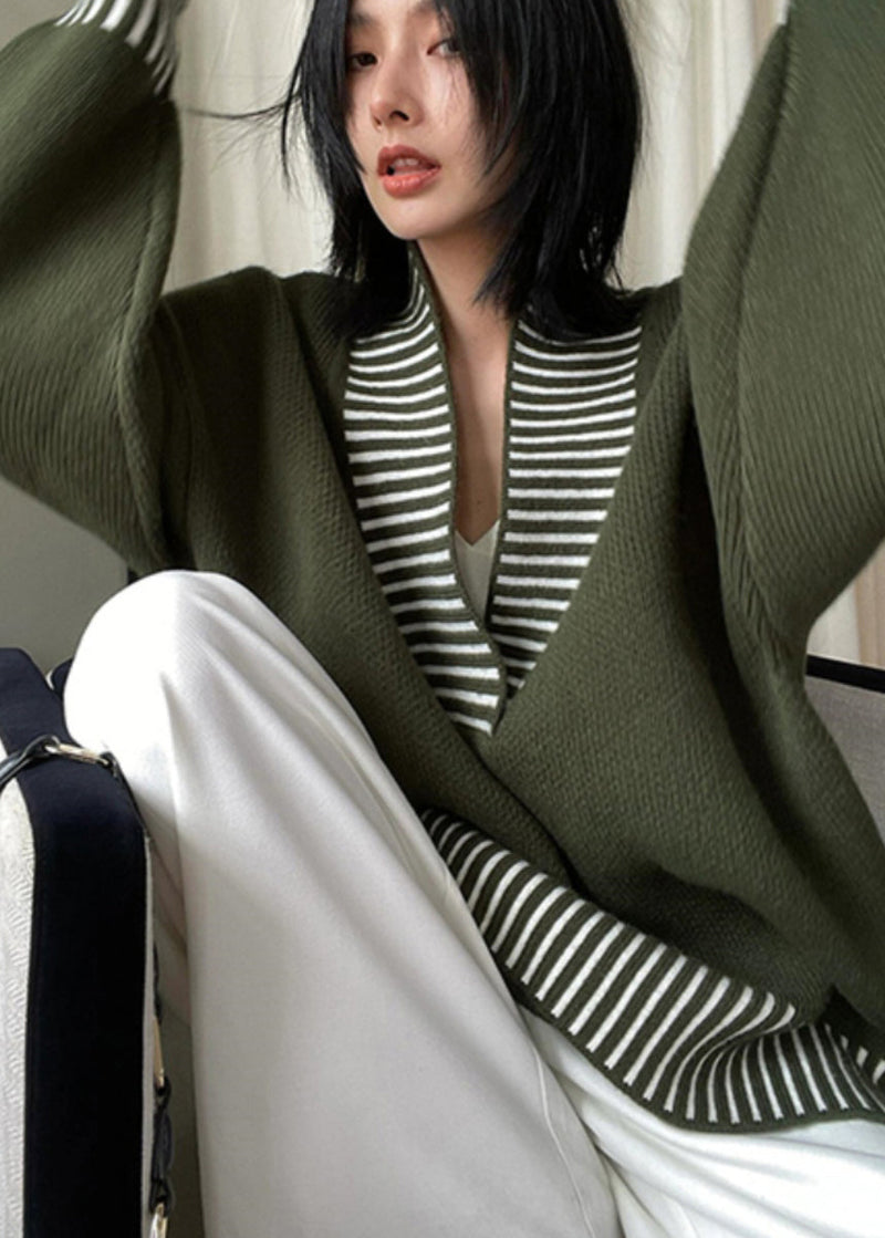 Army Green V Neck Striped Patchwork Knit Sweater Spring