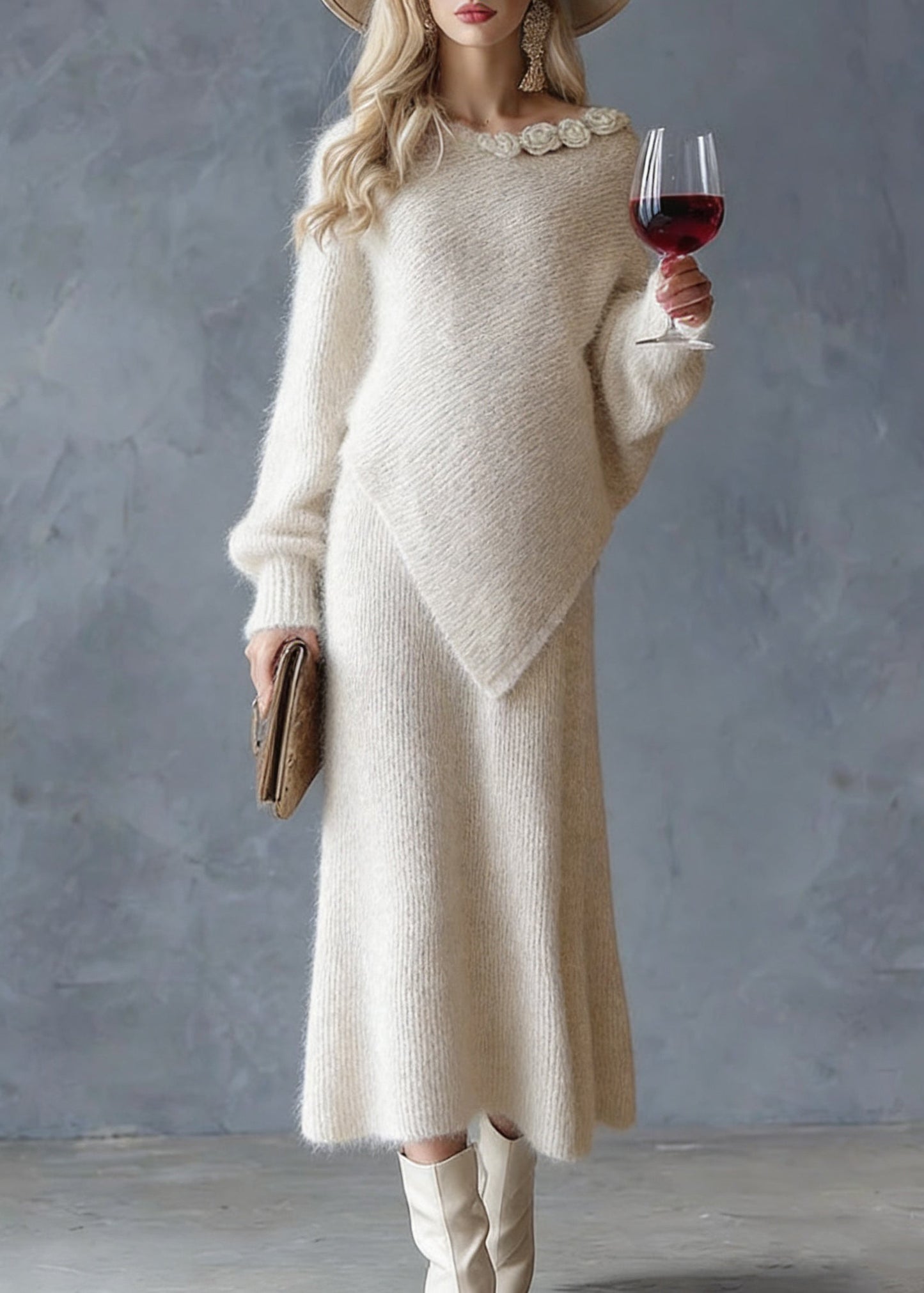 Beige Asymmetrical Cotton Knit Sweaters and Maxi Skirts Two Pieces Set Spring